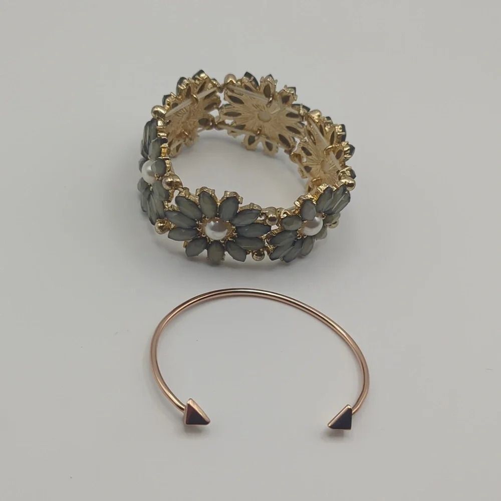 Costume Jewelry Beaded Flower Cuff and Gold Plated Arrow Cuff Set